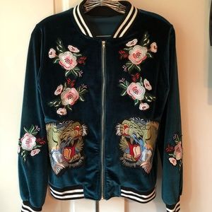 Embroidered velvet bomber jacket